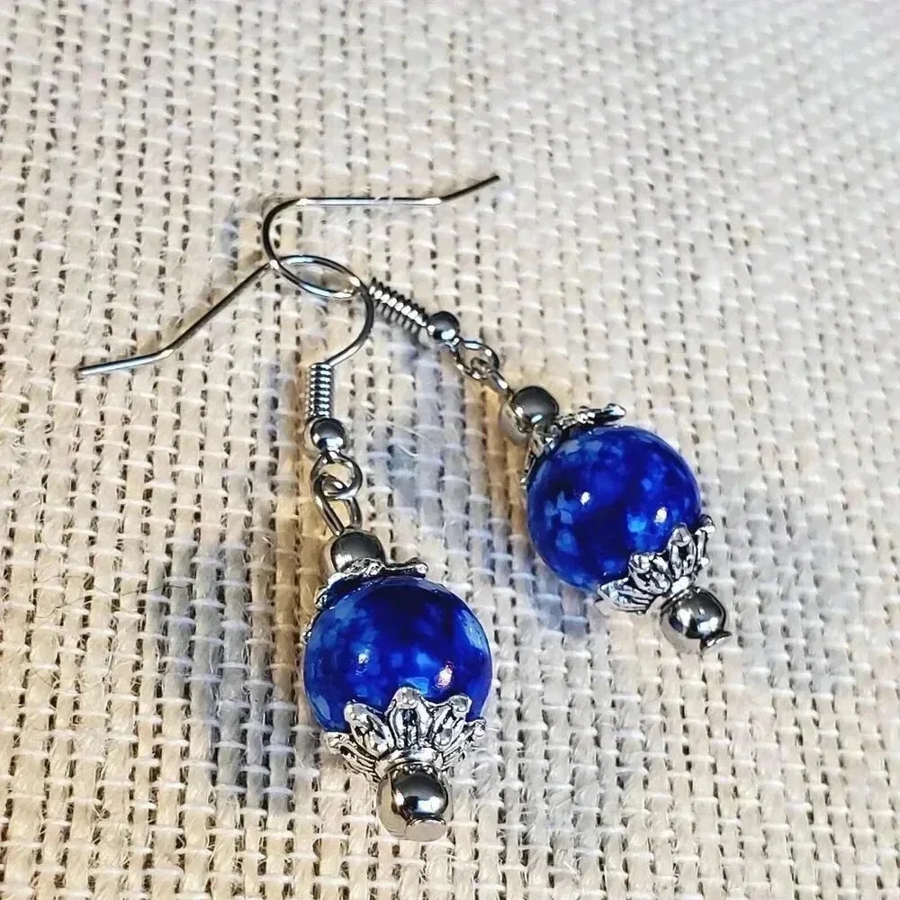 Art Nouveau Mottled Cobalt Blue White Glass Beads Antiqued Silver Earrings